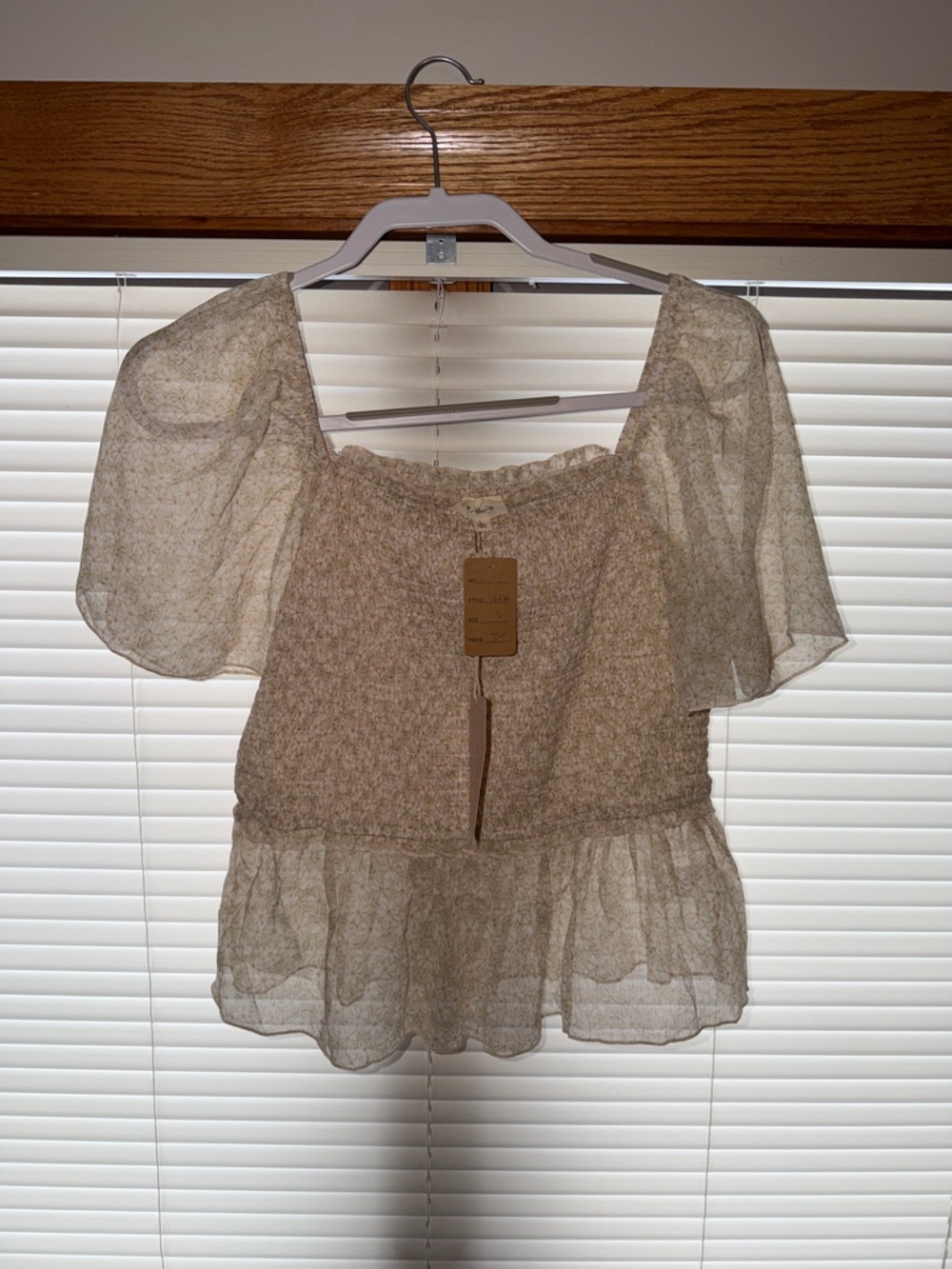 1.4.3. Story by Line Up Sheer Smocked Peplum Top in Beige